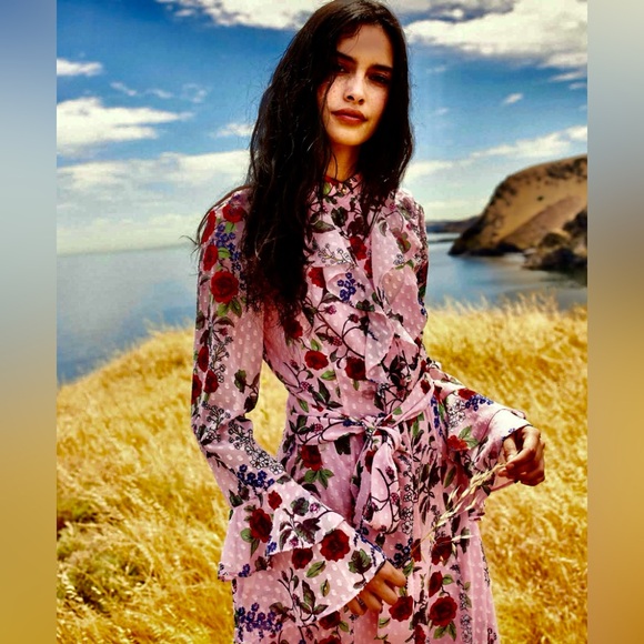 Keepsake Need You Now Floral Ruched Dress  Pink Multi Size US Large - Picture 1 of 15